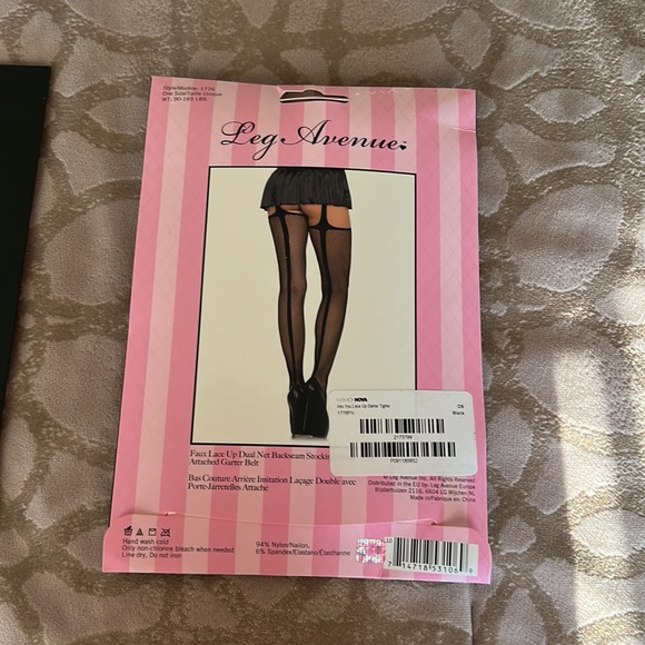 Faux lace up dual net backseam stockingwith attached garter belt - Picture 2 of 3